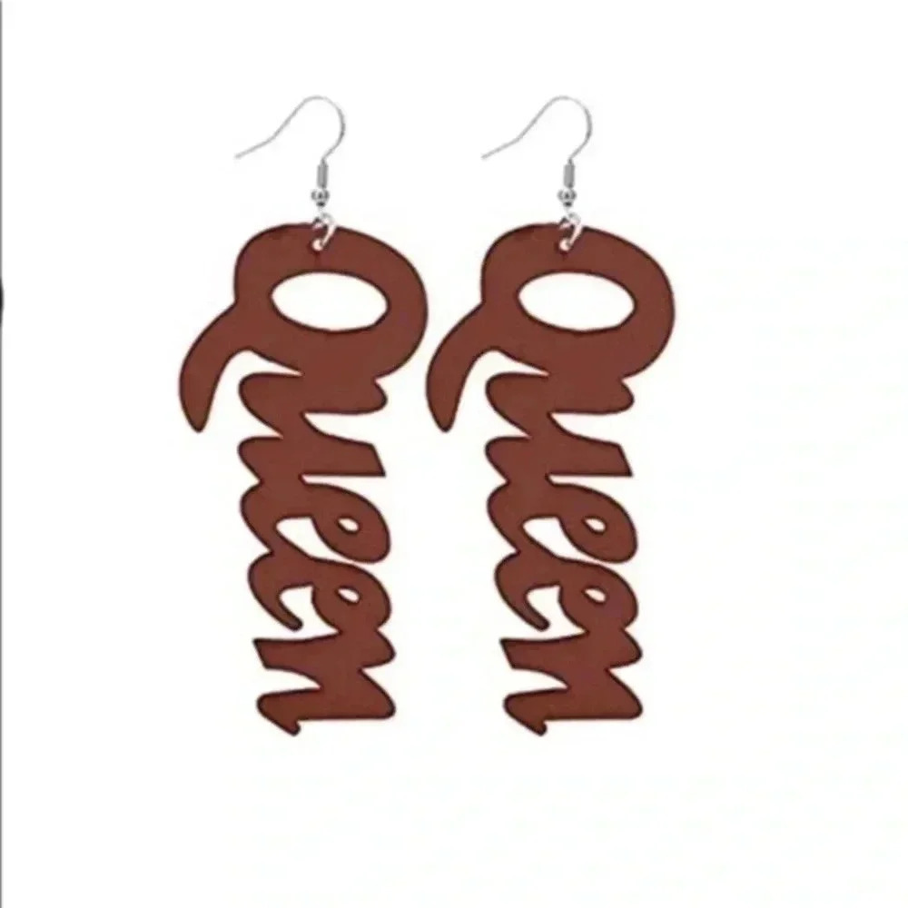 Mahogany Queen Ethnic Womenโs Ladies Large Wood Wooden Drop Earrings NWT